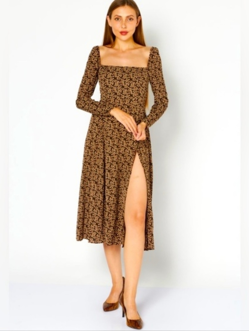 O.P.T Peasant Floral Bohemian Casual Brunch Ladies Day Outings Slit Midi Dress